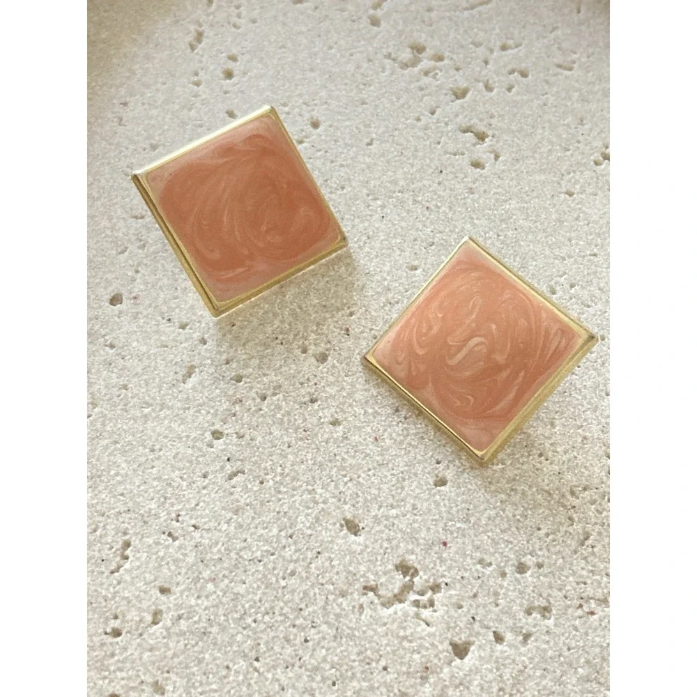 Square Blush Pink Marbled Enamel Stud‎ Earrings Gold Tone Geometric Retro Bold